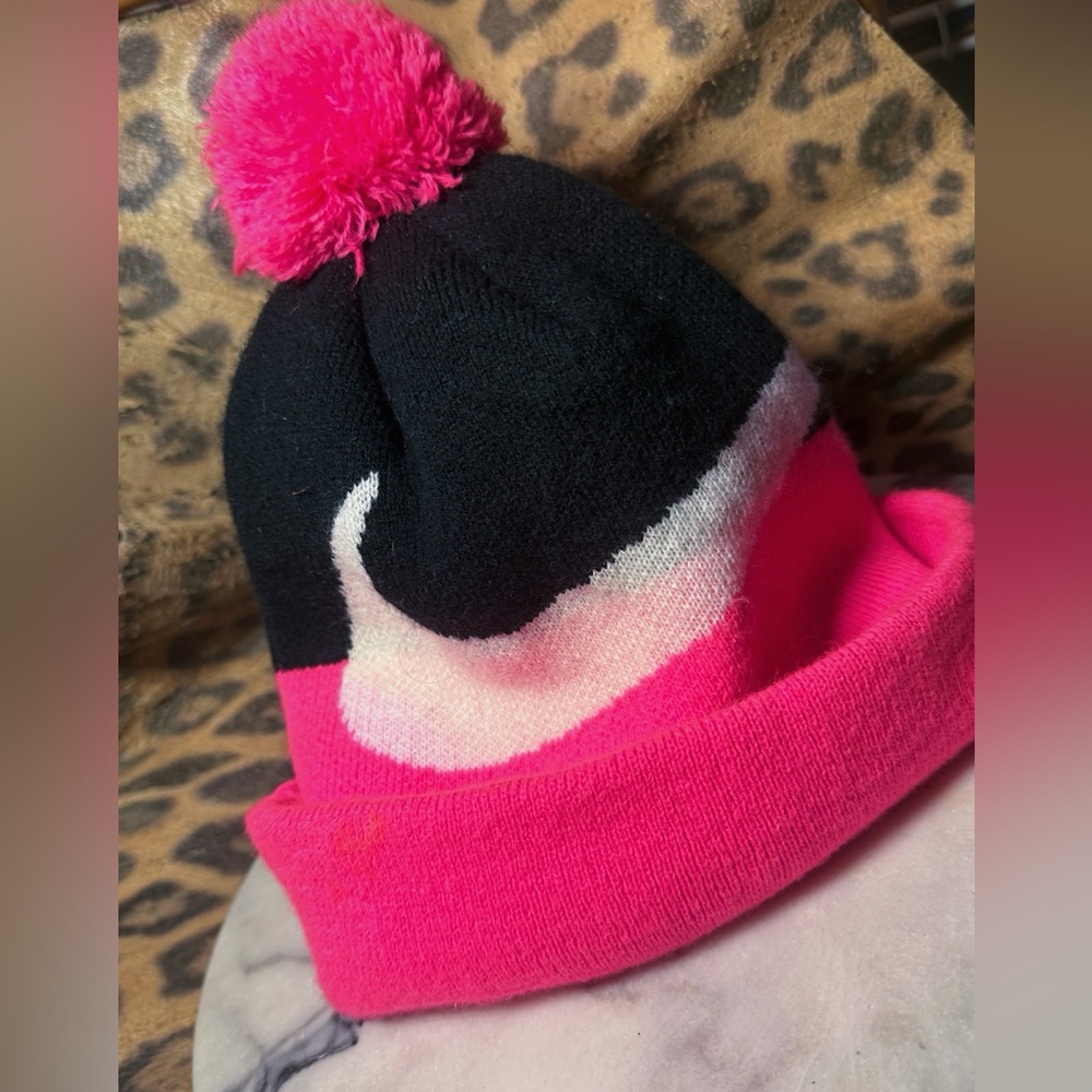 Nike Youth Pink and Black Beanie with Pom-Pom w/ Large Nike Symbol